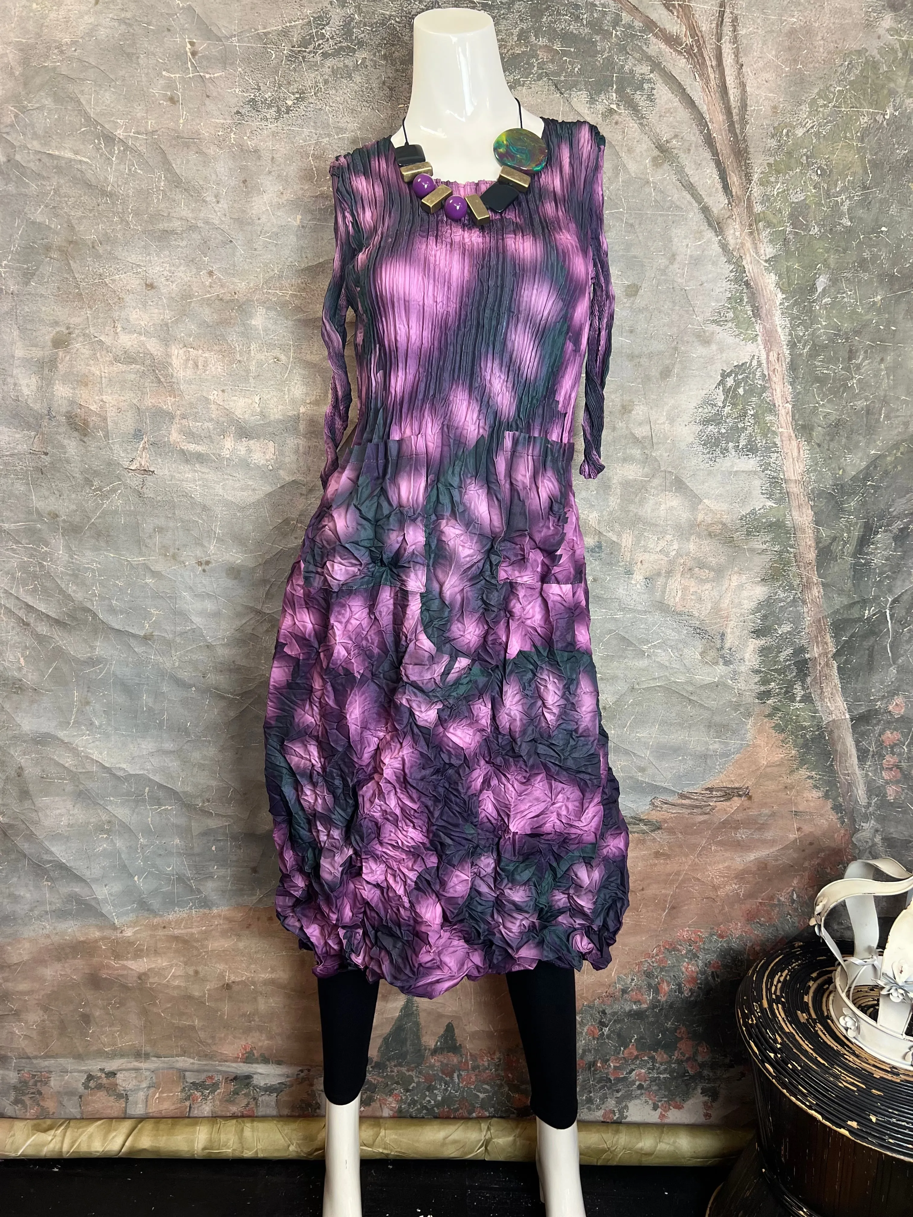 ACD544 3/4 Slv Smash Dress-Purple Leaf