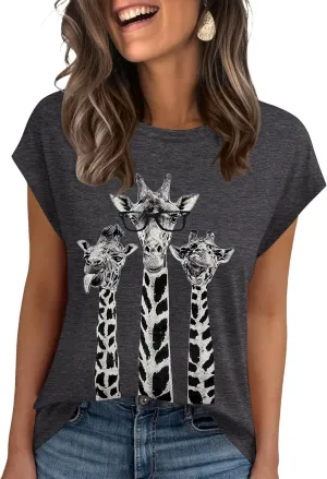 AKEWEI Womens Vintage Flower Print T Shirt Funny Cute Animal Graphic Tees Tops Loose Casual Outdoor Shirt