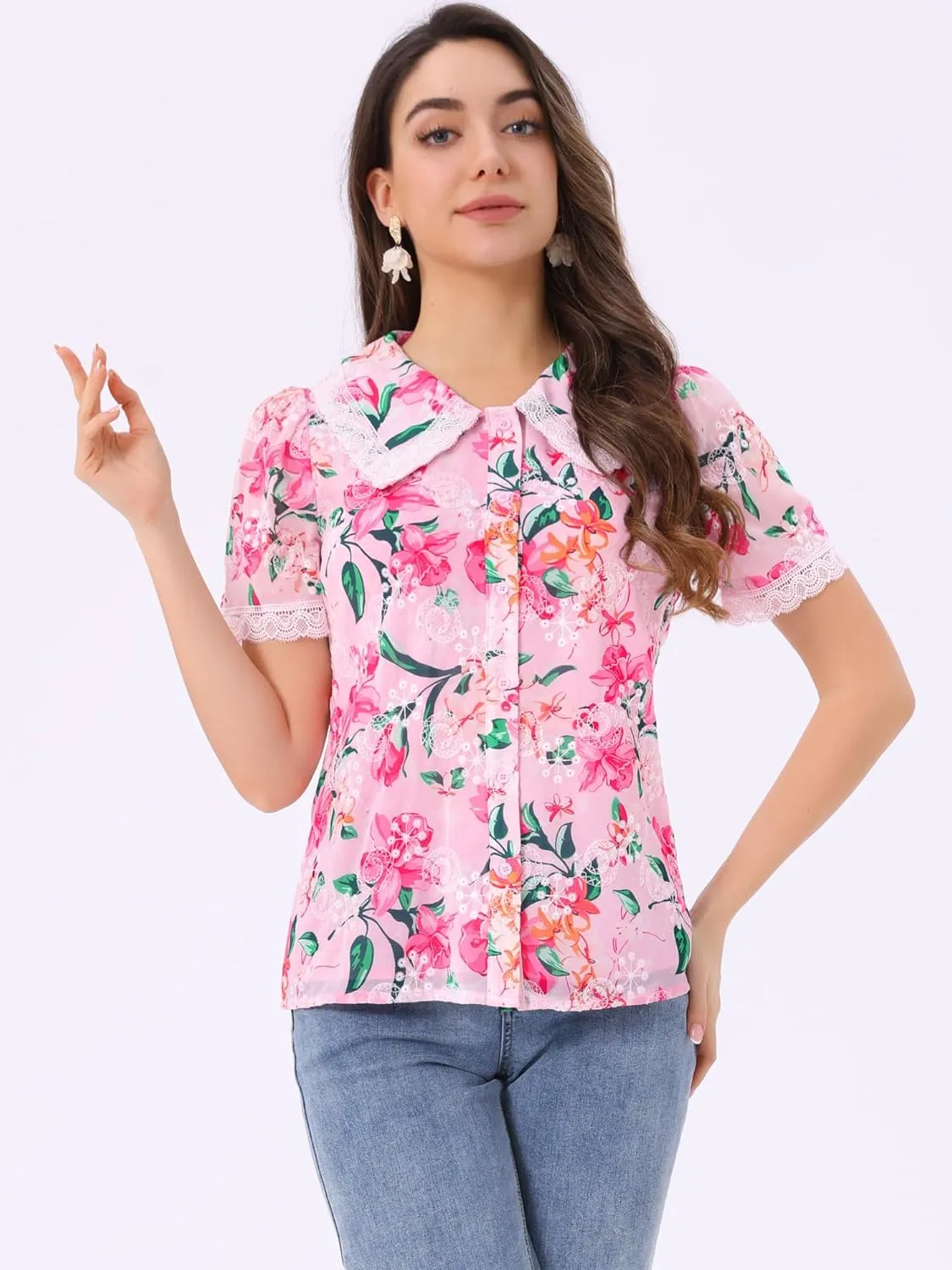 Allegra K Women's Peter Pan Collar Shirt Lace Trim Floral Embroidered 1940s Peasant Blouse