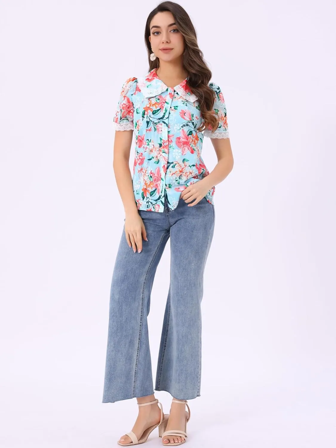 Allegra K Women's Peter Pan Collar Shirt Lace Trim Floral Embroidered 1940s Peasant Blouse