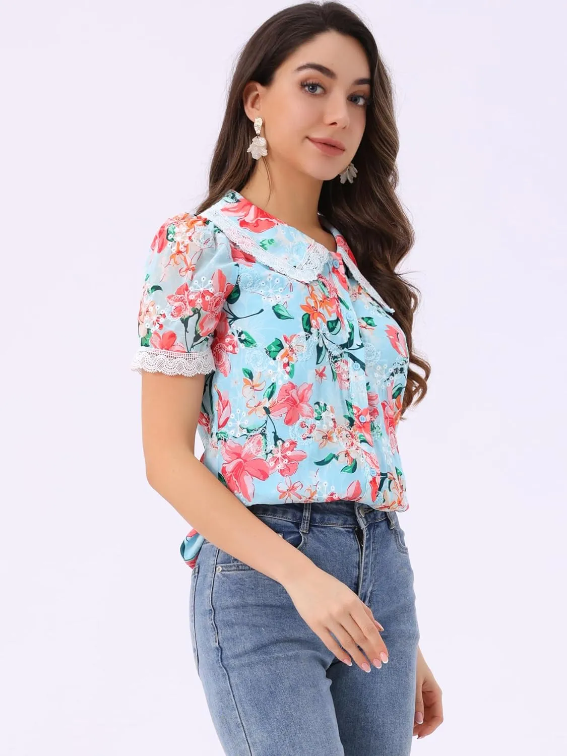 Allegra K Women's Peter Pan Collar Shirt Lace Trim Floral Embroidered 1940s Peasant Blouse