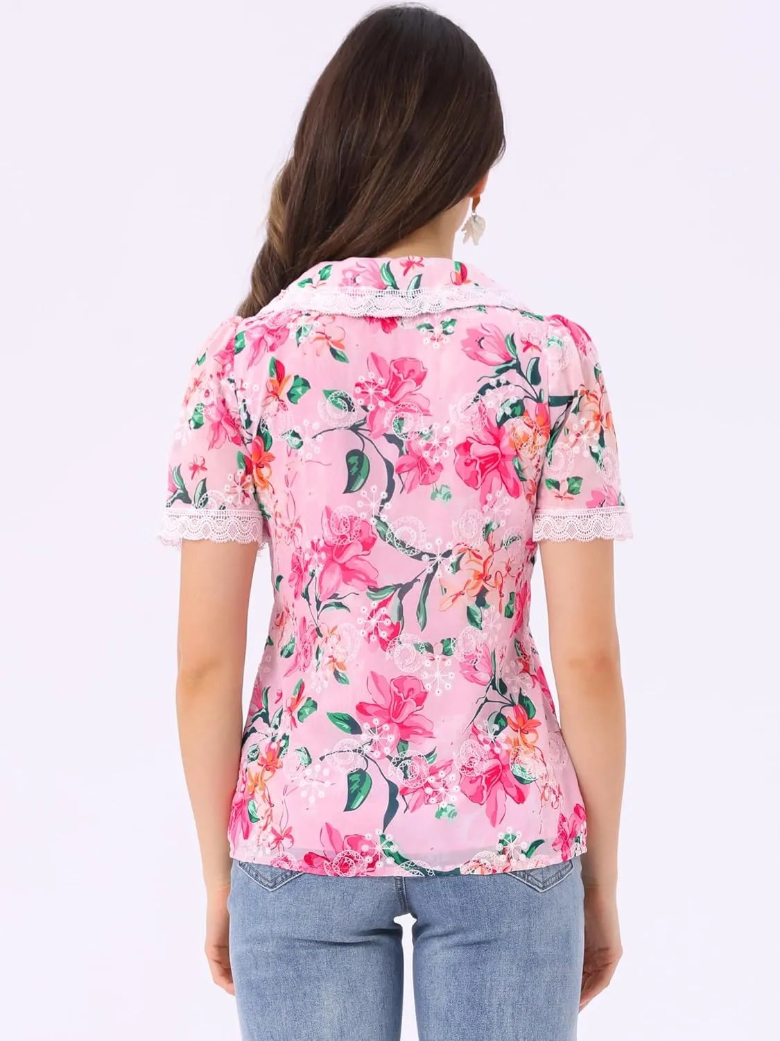 Allegra K Women's Peter Pan Collar Shirt Lace Trim Floral Embroidered 1940s Peasant Blouse