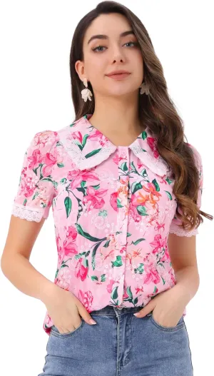 Allegra K Women's Peter Pan Collar Shirt Lace Trim Floral Embroidered 1940s Peasant Blouse
