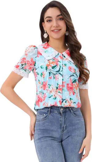 Allegra K Women's Peter Pan Collar Shirt Lace Trim Floral Embroidered 1940s Peasant Blouse