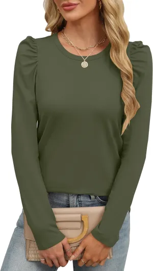 ANRABESS Womens Puff Long Sleeve Shirts Crewneck Fall Tops Basic Dressy Casual Blouses 2024 Trendy Outfits