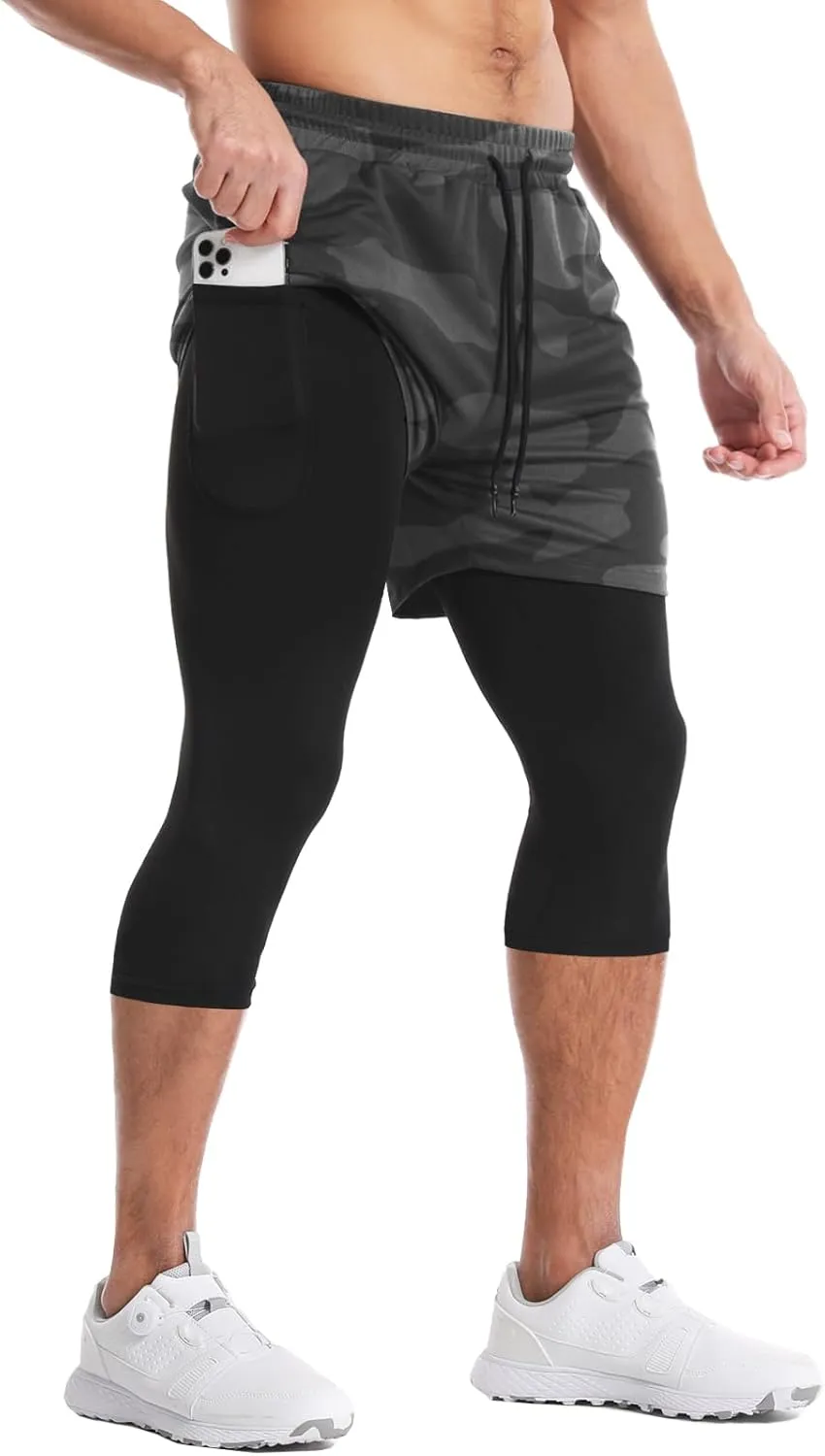 Aolesy Men's 2 in 1 Running Pants, Gym Workout Compression Pants for Men Training Athletic