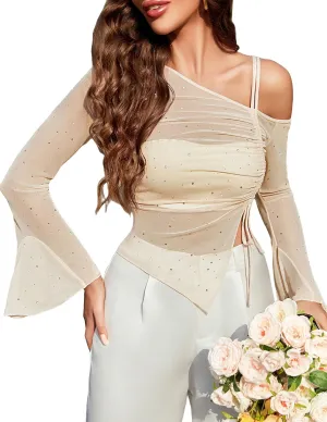 Avidlove Women Mesh Top Long Sleeve Rhinestone Tops Off Shoulder Bell Sleeve Drawstring Blouse Sheer Sparkly Shirt S-XXL