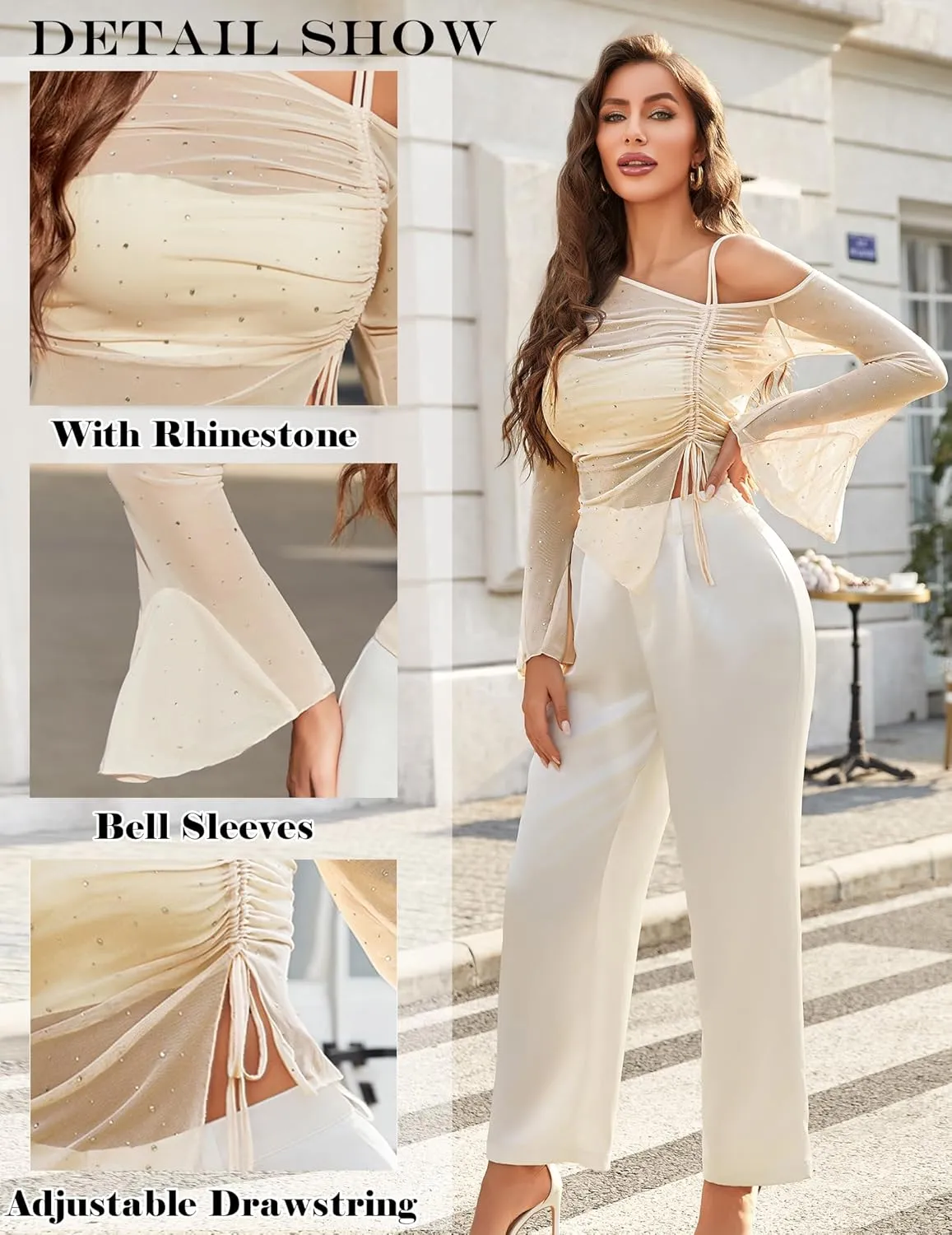 Avidlove Women Mesh Top Long Sleeve Rhinestone Tops Off Shoulder Bell Sleeve Drawstring Blouse Sheer Sparkly Shirt S-XXL