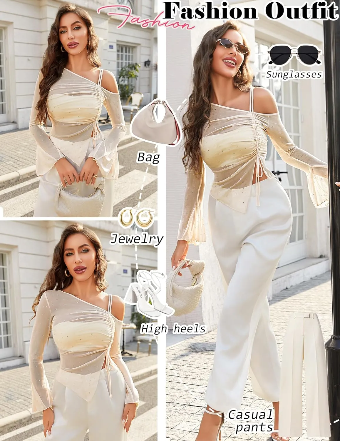 Avidlove Women Mesh Top Long Sleeve Rhinestone Tops Off Shoulder Bell Sleeve Drawstring Blouse Sheer Sparkly Shirt S-XXL