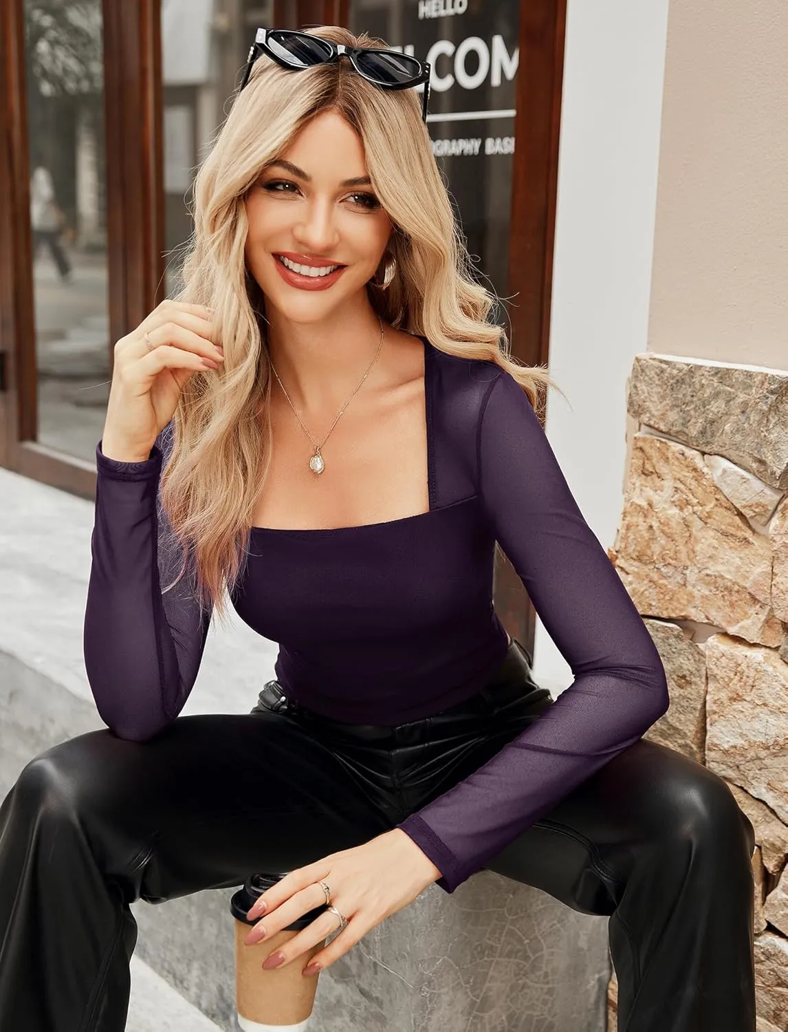 Avidlove Women's Mesh Top Long Sleeve Square Neck Sheer Blouse See Through Party Club Tops with Lining