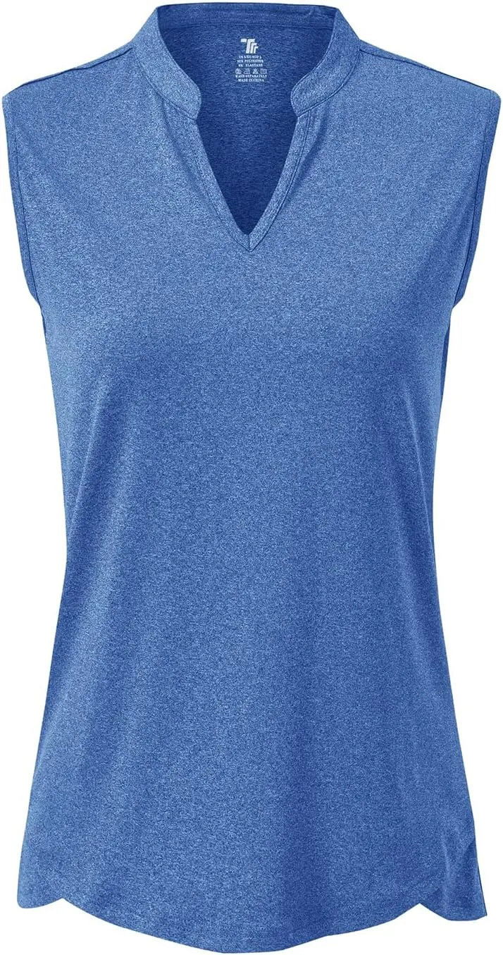 BASUDAM Women's Sleeveless Golf Polo Shirts V-Neck Collarless Tennis Running T-Shirts Quick Dry