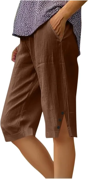 Bermuda Shorts for Women,Knee Length Linen Capri Pants High Waisted Comfy Casual Plus Size Capris 2025