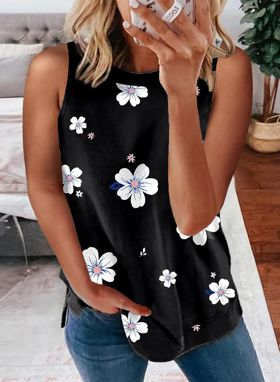 Biucly Womens Summer Crewneck Tank Top Casual Loose Sleeveless Tops Shirts
