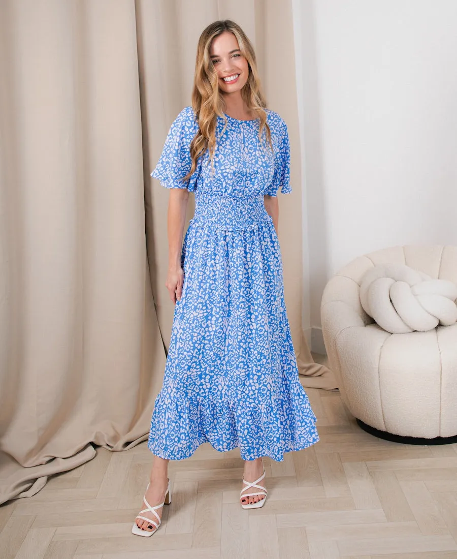 Blue Animal Smock Waisted Midi Dress