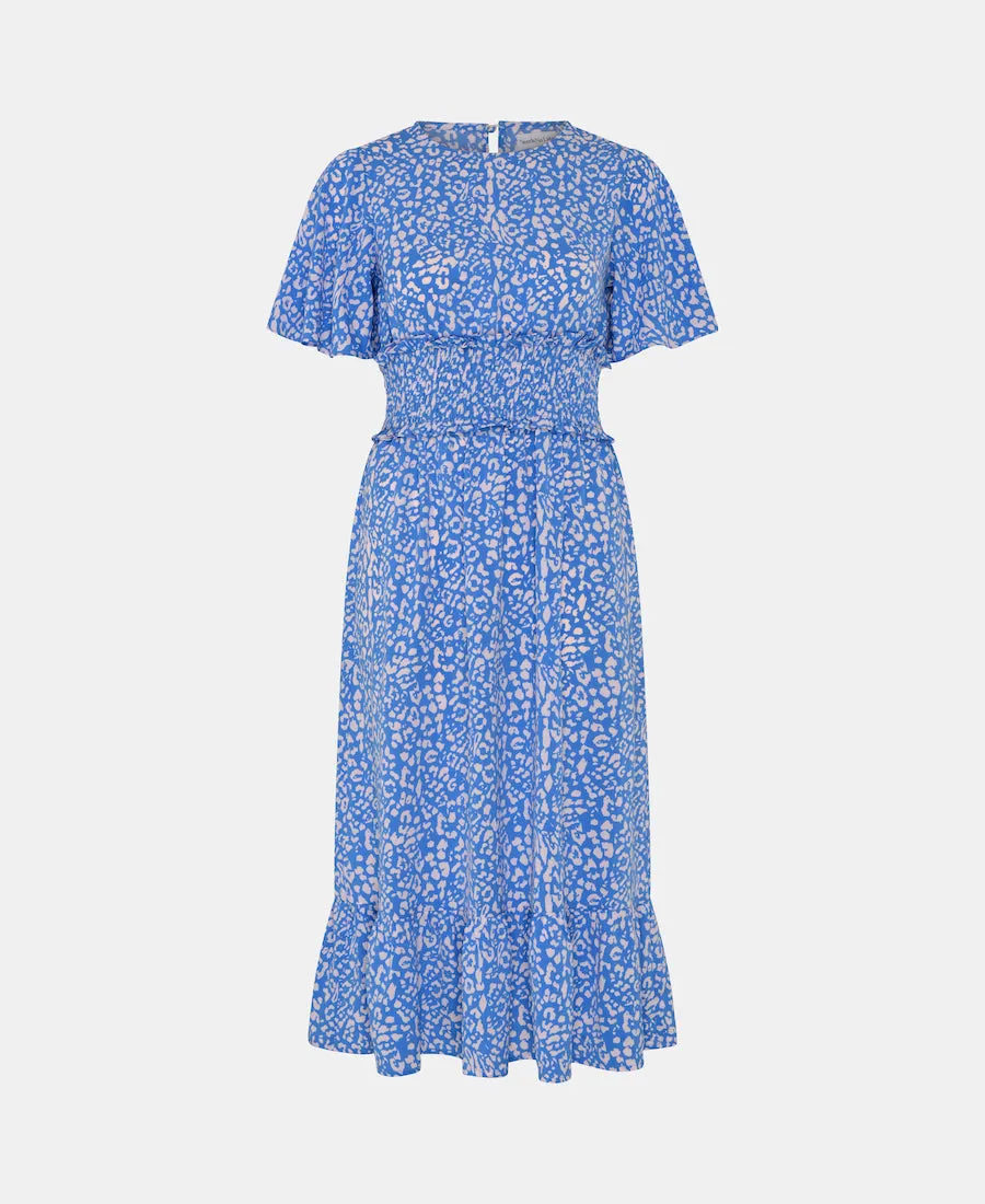 Blue Animal Smock Waisted Midi Dress