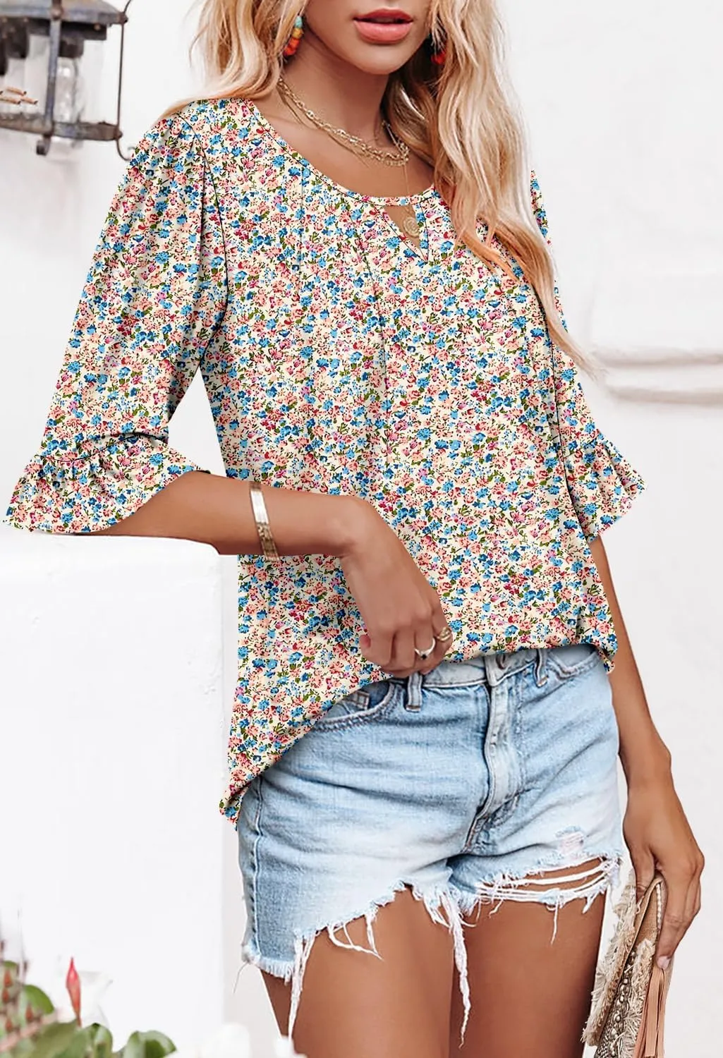 CHICZONE Womens 3/4 Length Bell Sleeve Tops Loose Summer Tunic Shirts Dressy Casual Blouses