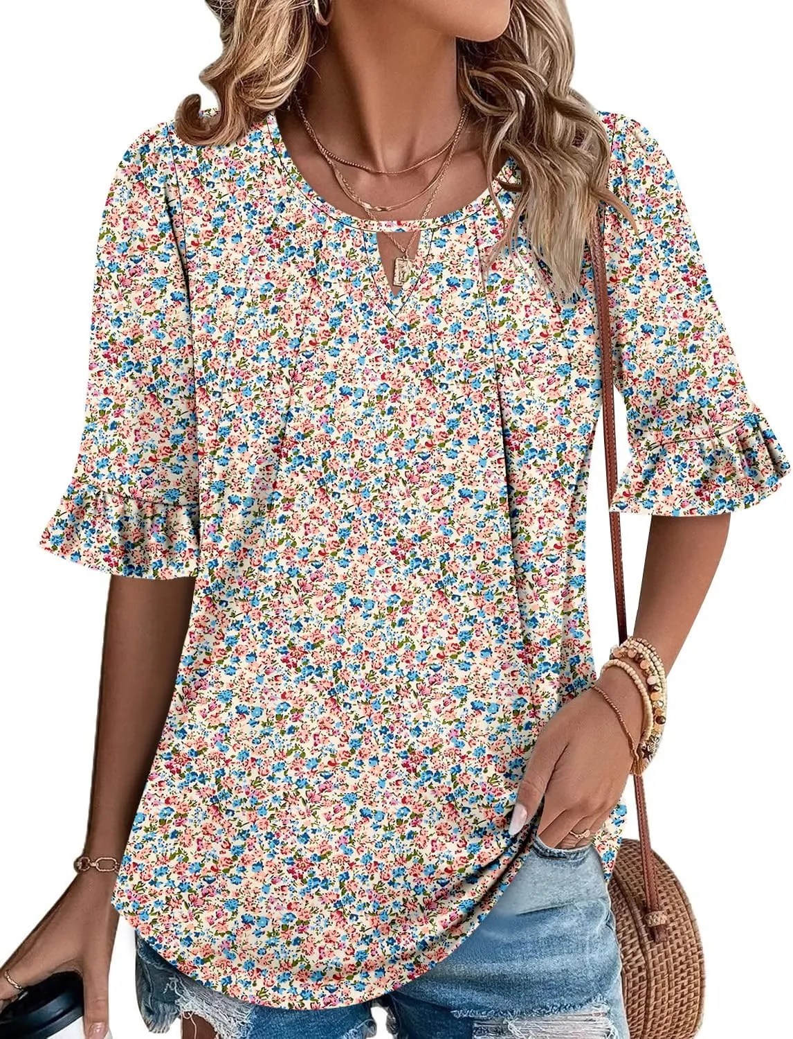 CHICZONE Womens 3/4 Length Bell Sleeve Tops Loose Summer Tunic Shirts Dressy Casual Blouses