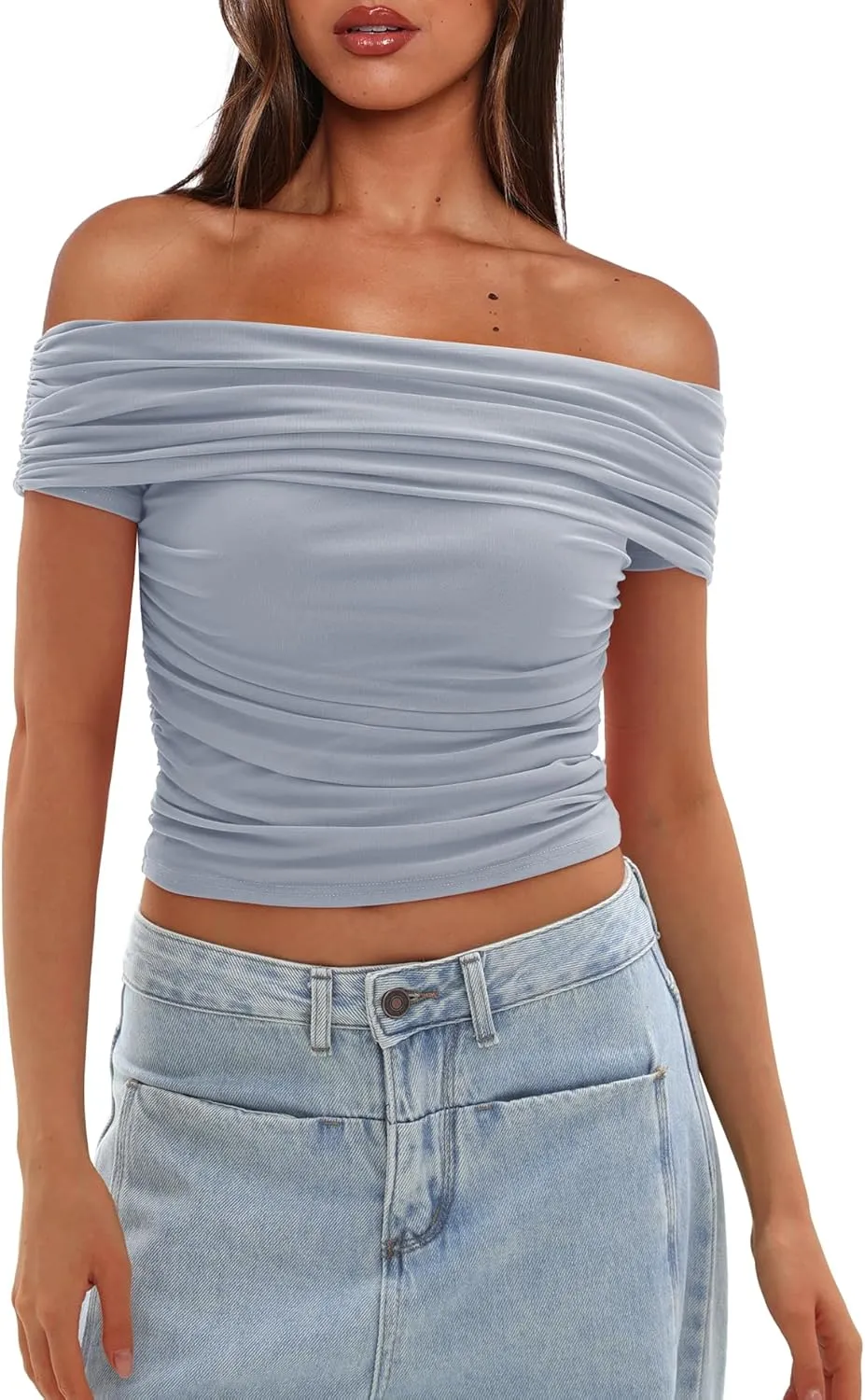 Darong Women Mesh Off The Shoulder Top Short Sleeve Double Lined Ruched Shirts Trendy Going Out Tops Summer Fashion Clothes