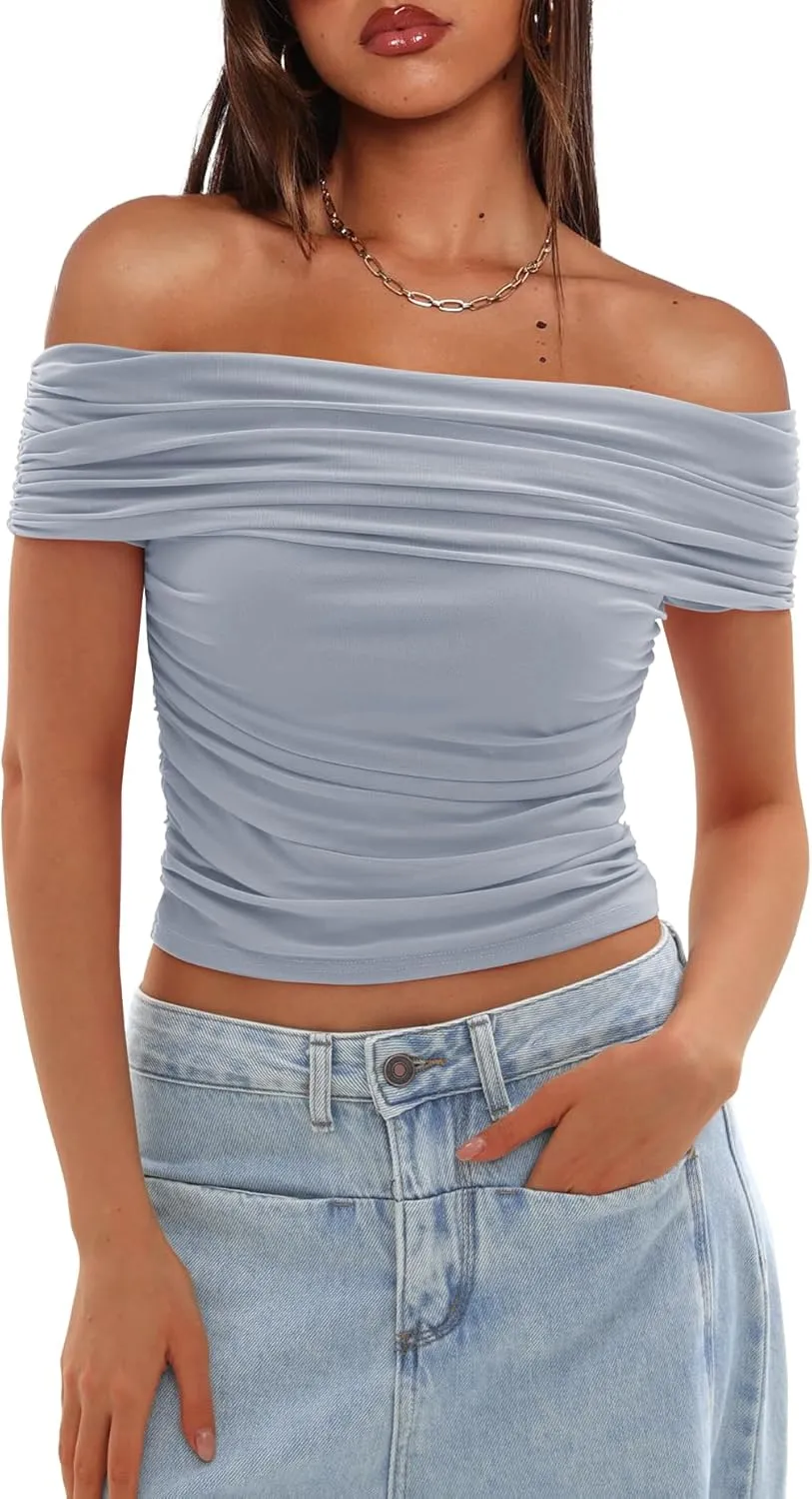 Darong Women Mesh Off The Shoulder Top Short Sleeve Double Lined Ruched Shirts Trendy Going Out Tops Summer Fashion Clothes