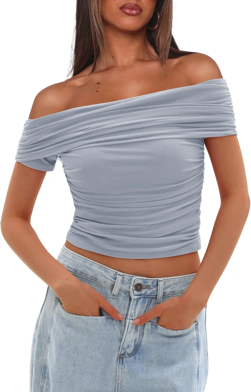 Darong Women Mesh Off The Shoulder Top Short Sleeve Double Lined Ruched Shirts Trendy Going Out Tops Summer Fashion Clothes