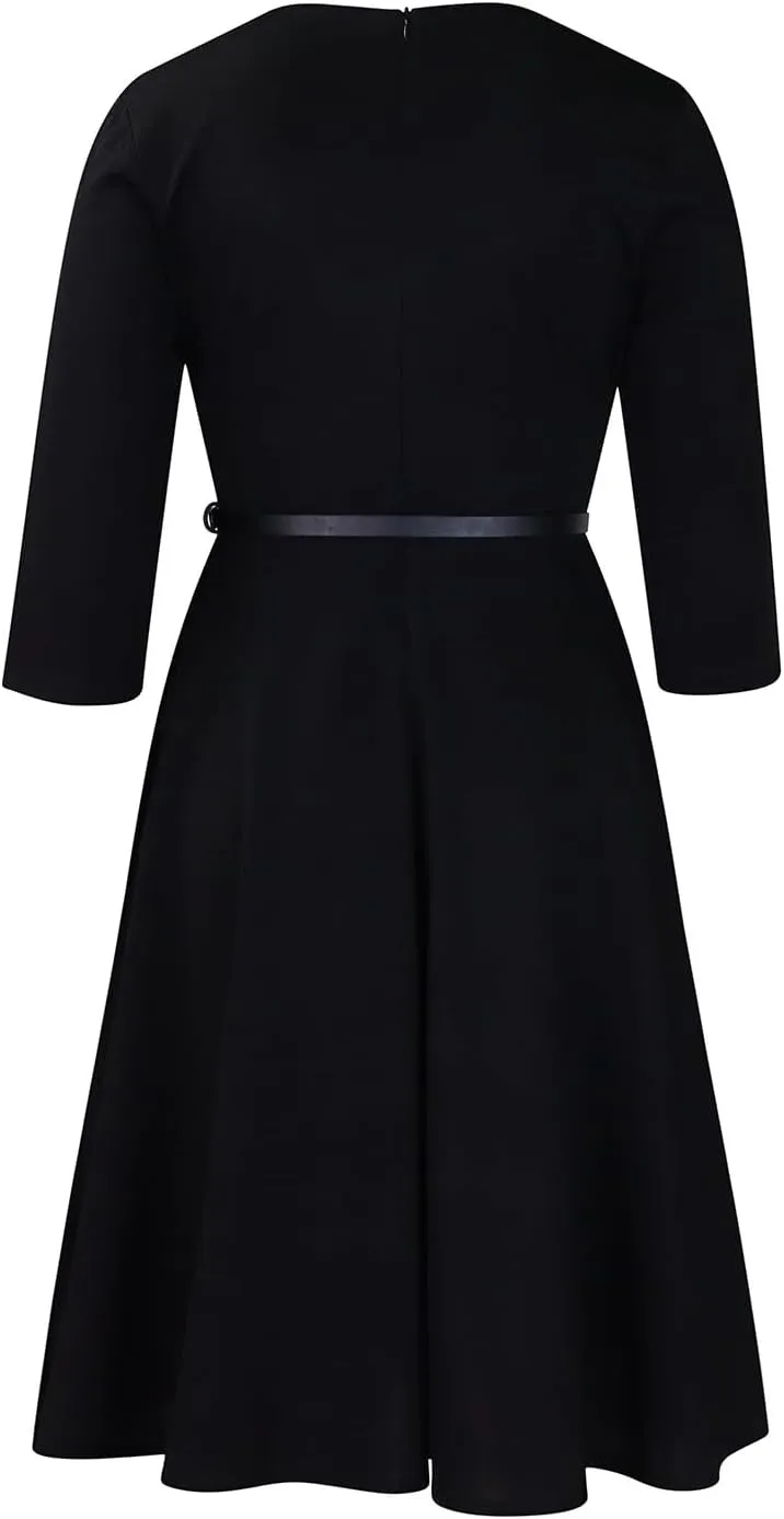 Elainone Women 3/4 Sleeve Casual Swing Flared A Line Dress Wedding Guest Semi Formal Office Work Dresses with Belt