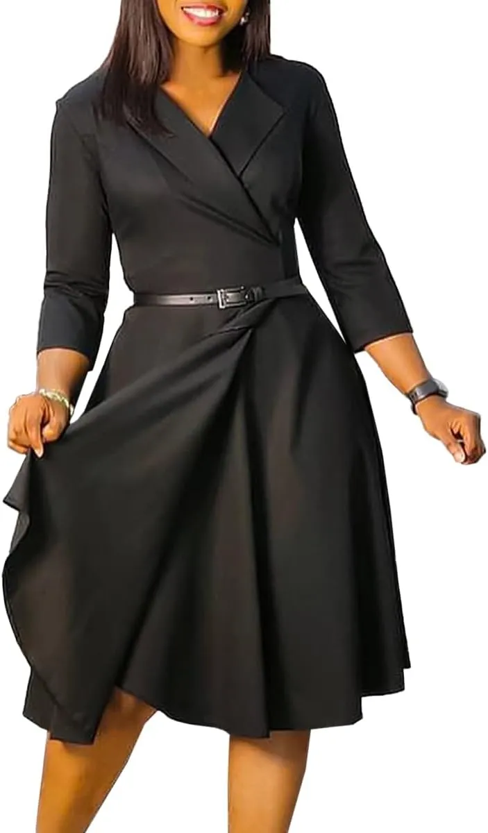 Elainone Women 3/4 Sleeve Casual Swing Flared A Line Dress Wedding Guest Semi Formal Office Work Dresses with Belt