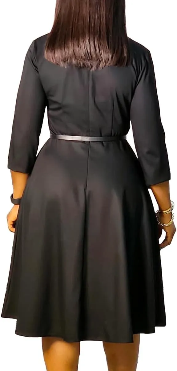 Elainone Women 3/4 Sleeve Casual Swing Flared A Line Dress Wedding Guest Semi Formal Office Work Dresses with Belt