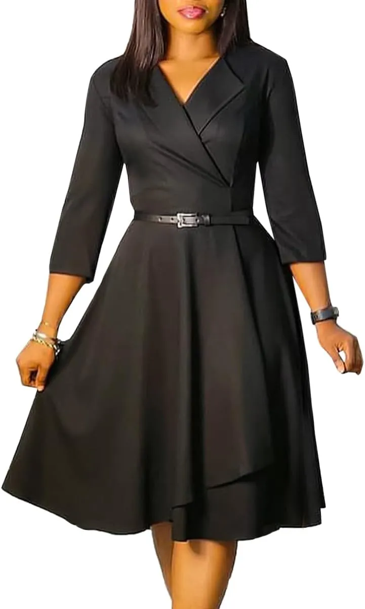 Elainone Women 3/4 Sleeve Casual Swing Flared A Line Dress Wedding Guest Semi Formal Office Work Dresses with Belt