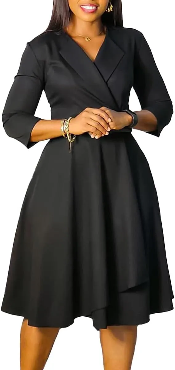 Elainone Women 3/4 Sleeve Casual Swing Flared A Line Dress Wedding Guest Semi Formal Office Work Dresses with Belt