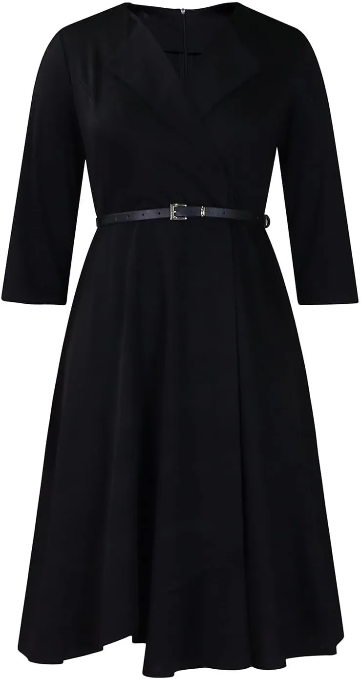 Elainone Women 3/4 Sleeve Casual Swing Flared A Line Dress Wedding Guest Semi Formal Office Work Dresses with Belt
