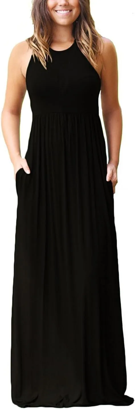 EUOVMY Women's Sleeveless Dress Casual Plain Loose Summer Vacation Long Maxi Dresses with Pockets