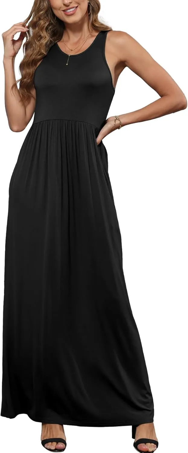 EUOVMY Women's Sleeveless Dress Casual Plain Loose Summer Vacation Long Maxi Dresses with Pockets
