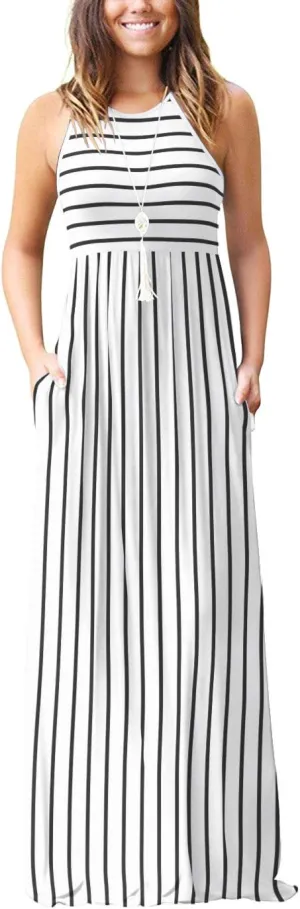 EUOVMY Women's Sleeveless Dress Casual Plain Loose Summer Vacation Long Maxi Dresses with Pockets