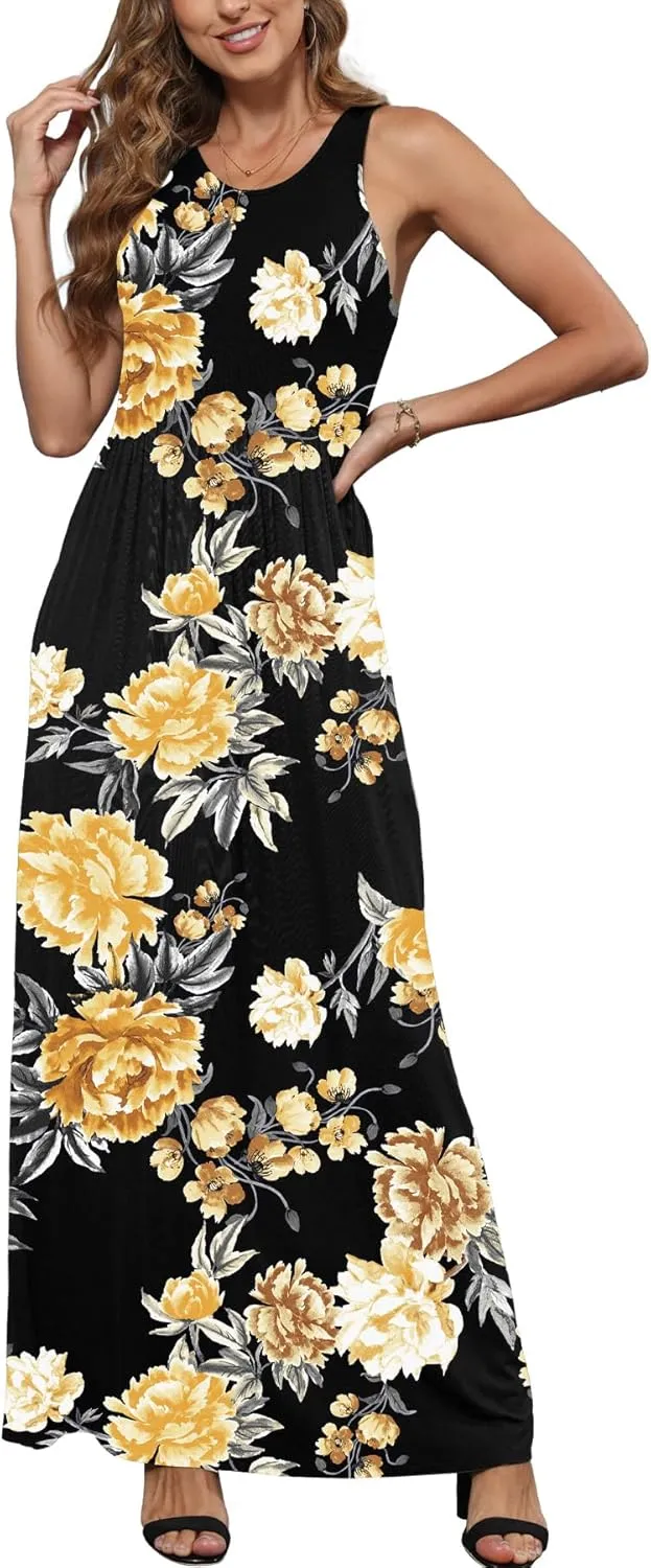 EUOVMY Women's Sleeveless Dress Casual Plain Loose Summer Vacation Long Maxi Dresses with Pockets
