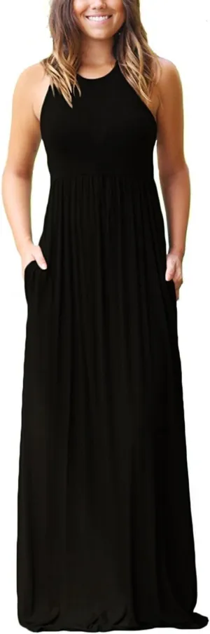 EUOVMY Women's Sleeveless Dress Casual Plain Loose Summer Vacation Long Maxi Dresses with Pockets