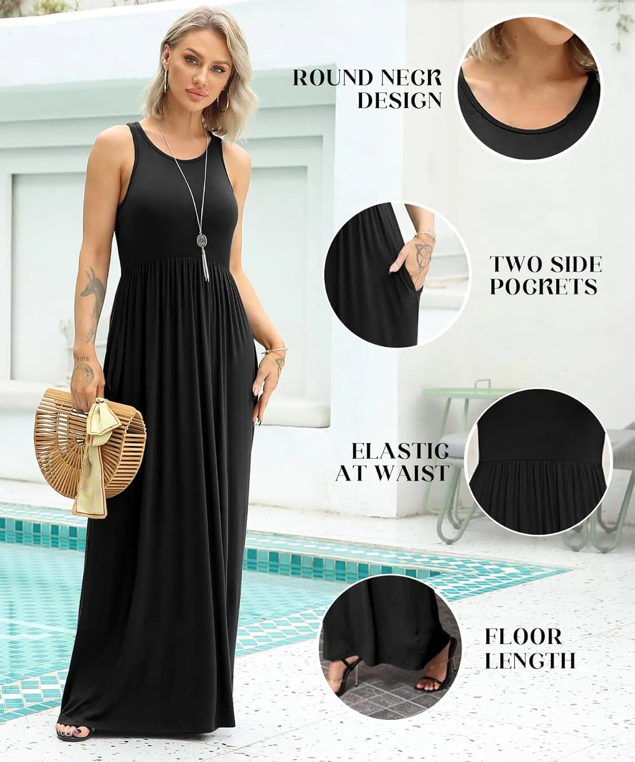 EUOVMY Women's Sleeveless Dress Casual Plain Loose Summer Vacation Long Maxi Dresses with Pockets