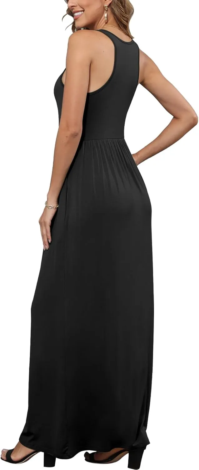 EUOVMY Women's Sleeveless Dress Casual Plain Loose Summer Vacation Long Maxi Dresses with Pockets