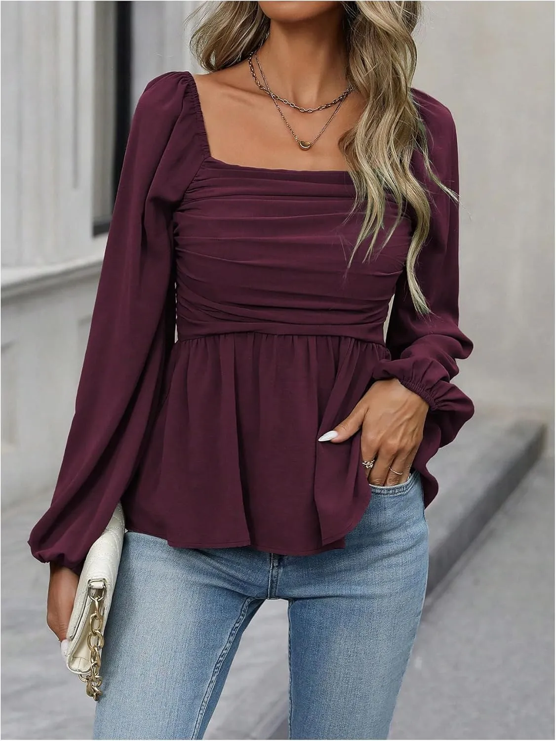 Floerns Women's Bishop Long Sleeve Ruched Square Neck Ruffle Hem Peplum Blouse Top