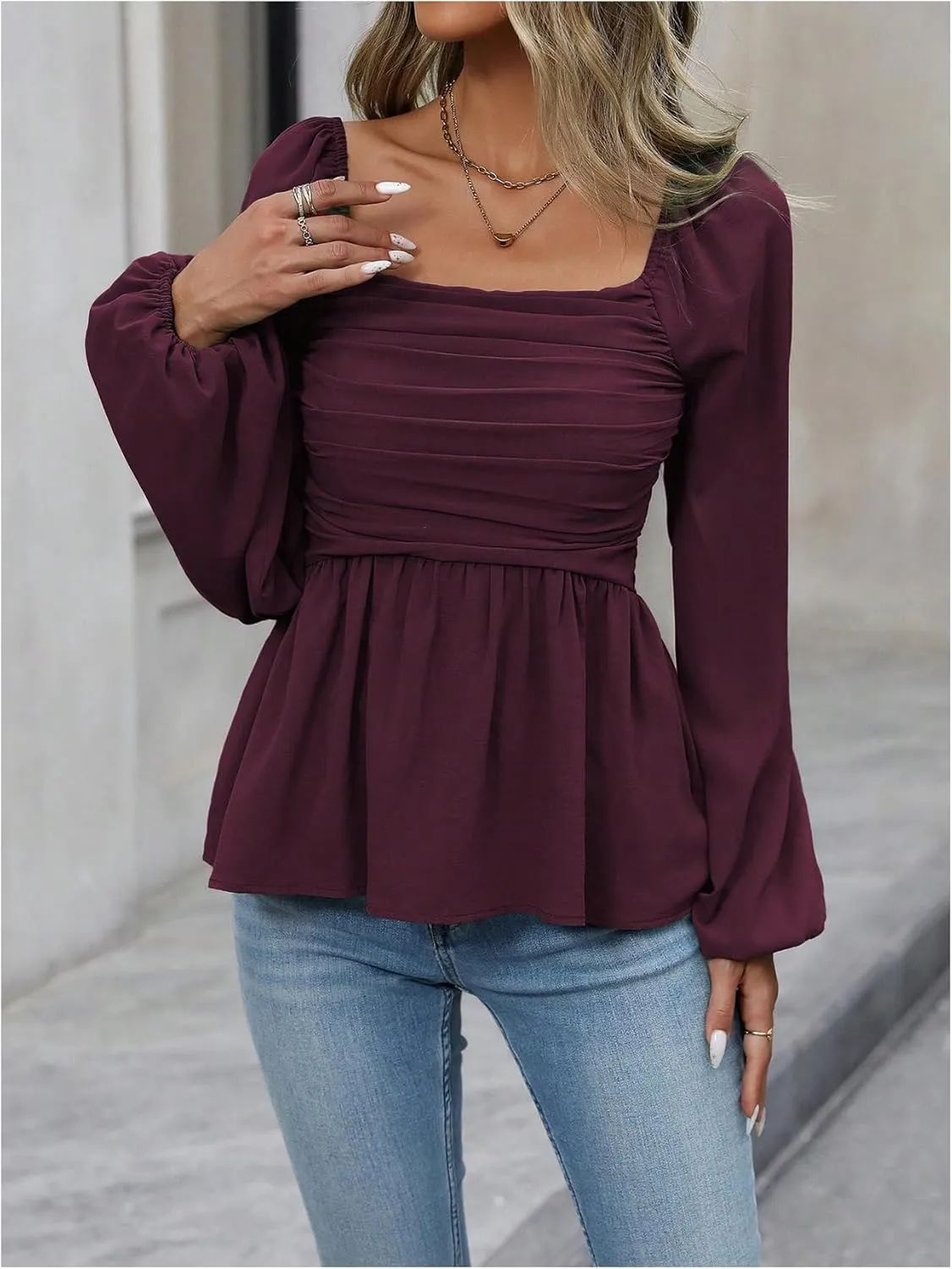 Floerns Women's Bishop Long Sleeve Ruched Square Neck Ruffle Hem Peplum Blouse Top