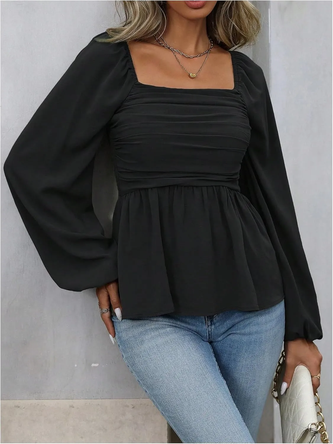 Floerns Women's Bishop Long Sleeve Ruched Square Neck Ruffle Hem Peplum Blouse Top