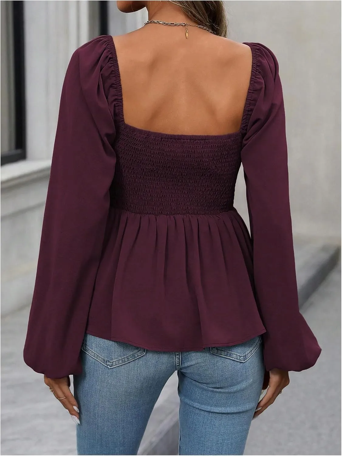 Floerns Women's Bishop Long Sleeve Ruched Square Neck Ruffle Hem Peplum Blouse Top