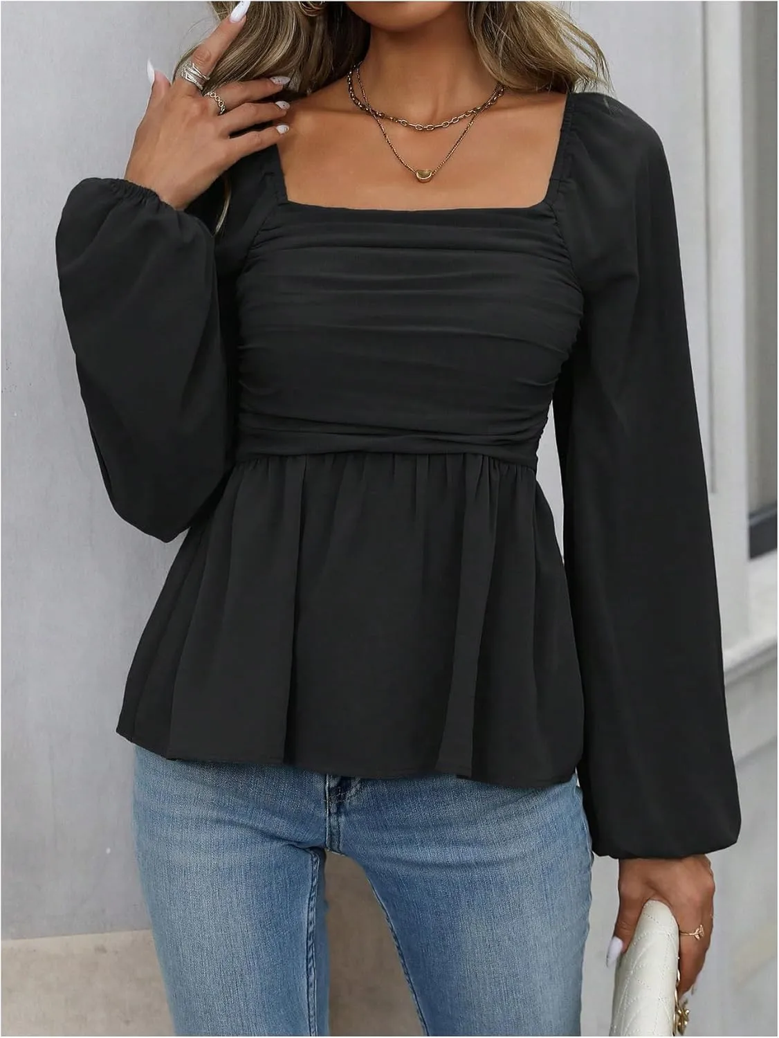 Floerns Women's Bishop Long Sleeve Ruched Square Neck Ruffle Hem Peplum Blouse Top