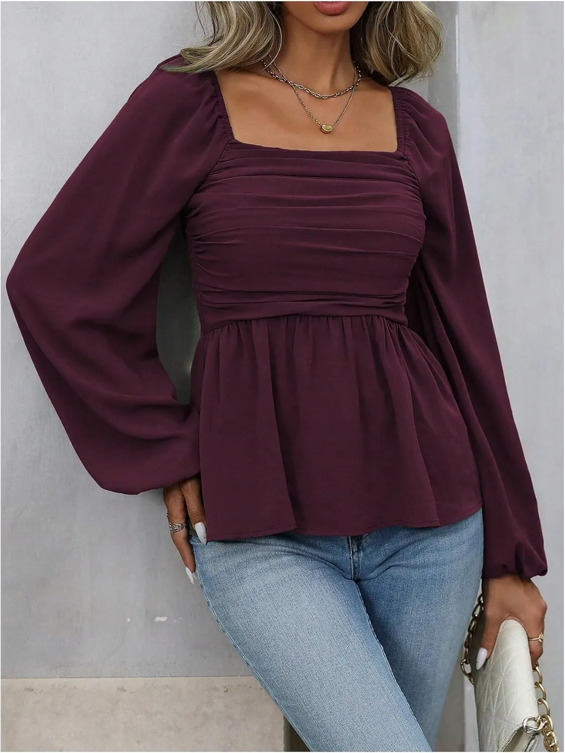 Floerns Women's Bishop Long Sleeve Ruched Square Neck Ruffle Hem Peplum Blouse Top