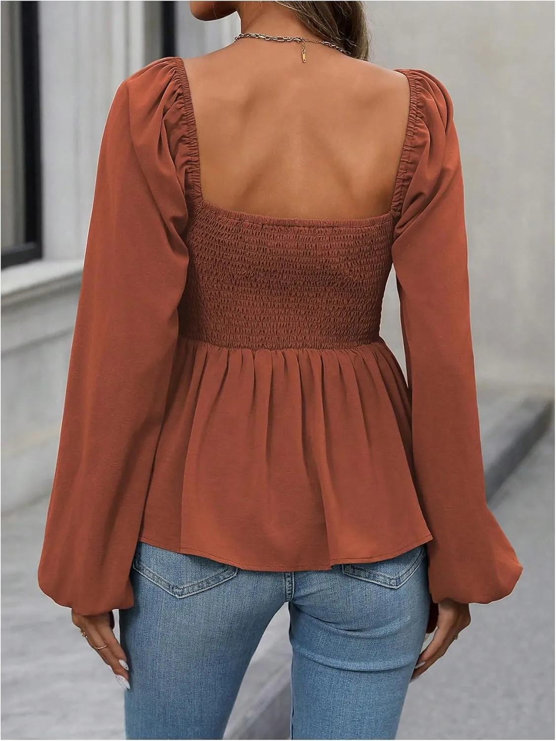 Floerns Women's Bishop Long Sleeve Ruched Square Neck Ruffle Hem Peplum Blouse Top