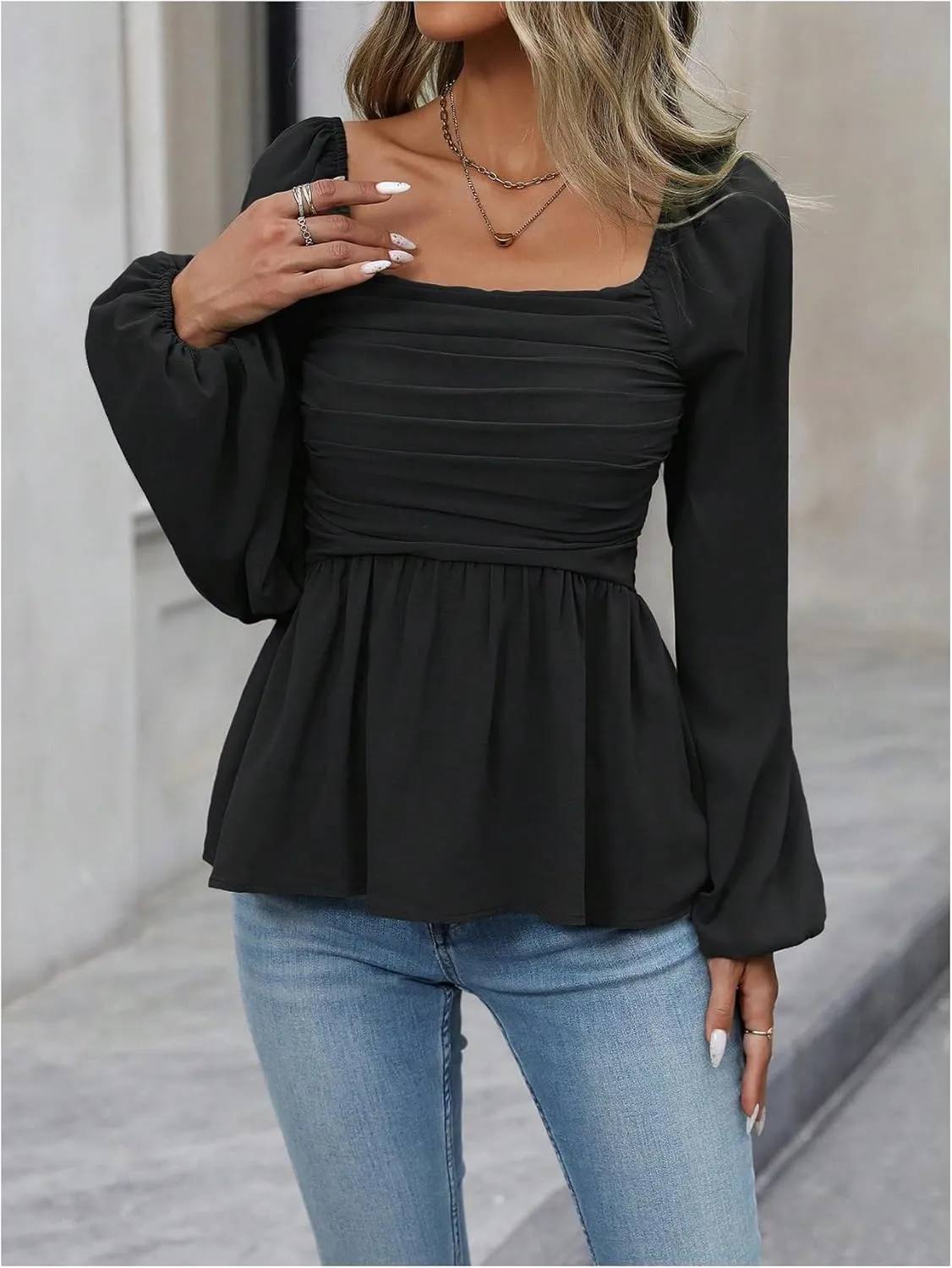 Floerns Women's Bishop Long Sleeve Ruched Square Neck Ruffle Hem Peplum Blouse Top