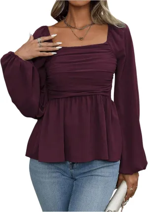 Floerns Women's Bishop Long Sleeve Ruched Square Neck Ruffle Hem Peplum Blouse Top