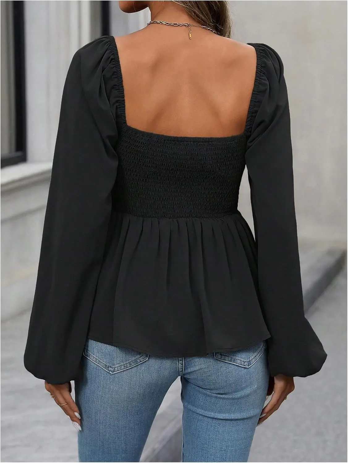 Floerns Women's Bishop Long Sleeve Ruched Square Neck Ruffle Hem Peplum Blouse Top