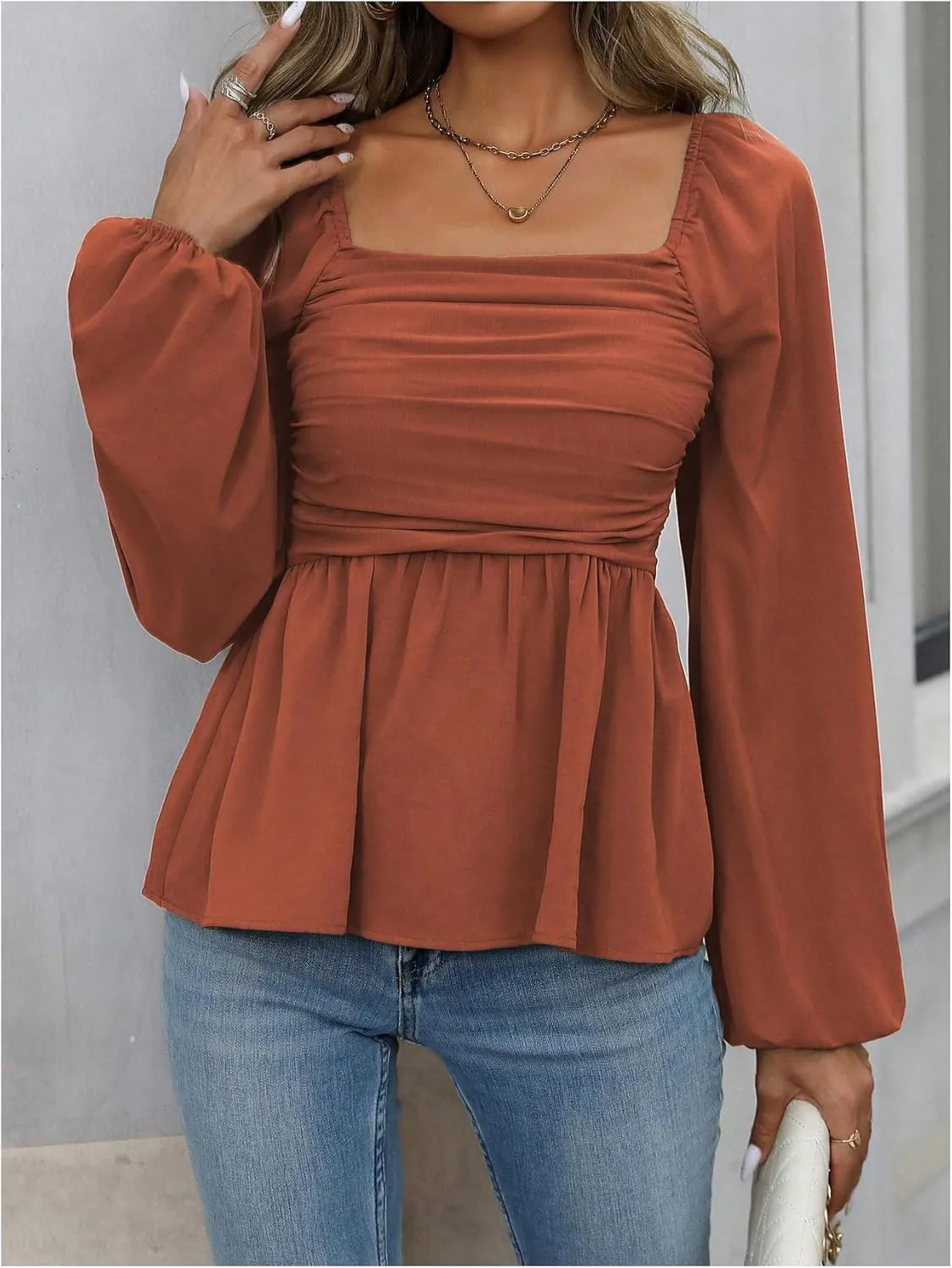 Floerns Women's Bishop Long Sleeve Ruched Square Neck Ruffle Hem Peplum Blouse Top
