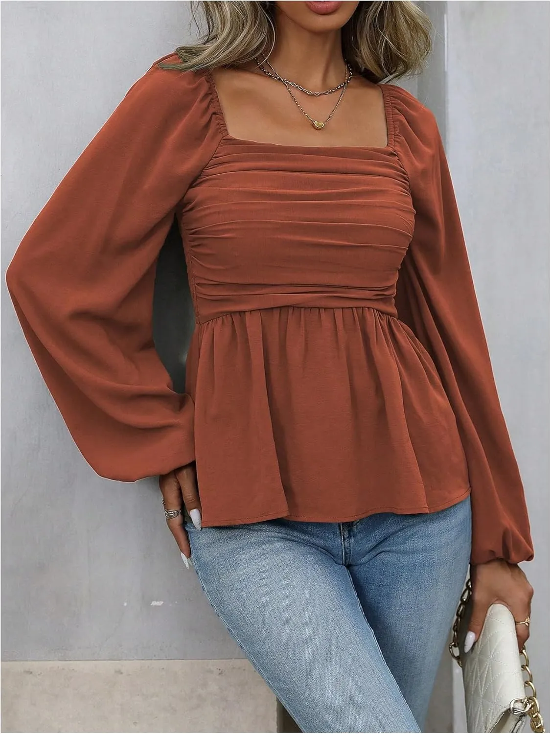 Floerns Women's Bishop Long Sleeve Ruched Square Neck Ruffle Hem Peplum Blouse Top