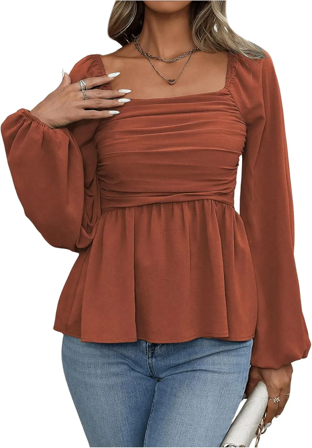 Floerns Women's Bishop Long Sleeve Ruched Square Neck Ruffle Hem Peplum Blouse Top